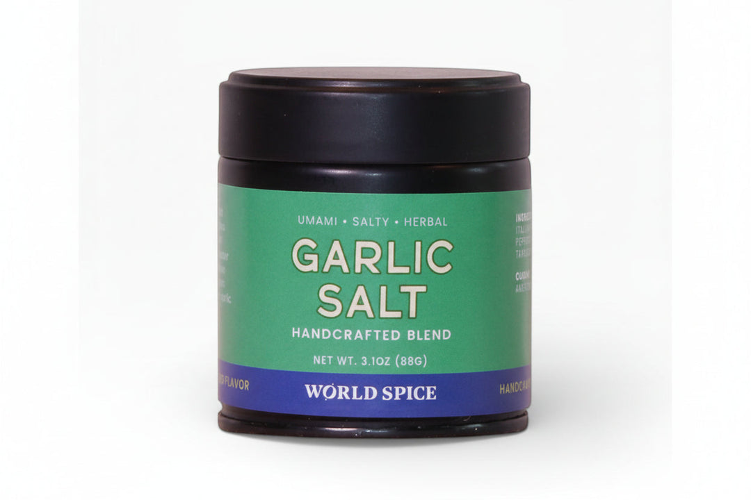 Garlic salt seasoning jar with black lid and green label