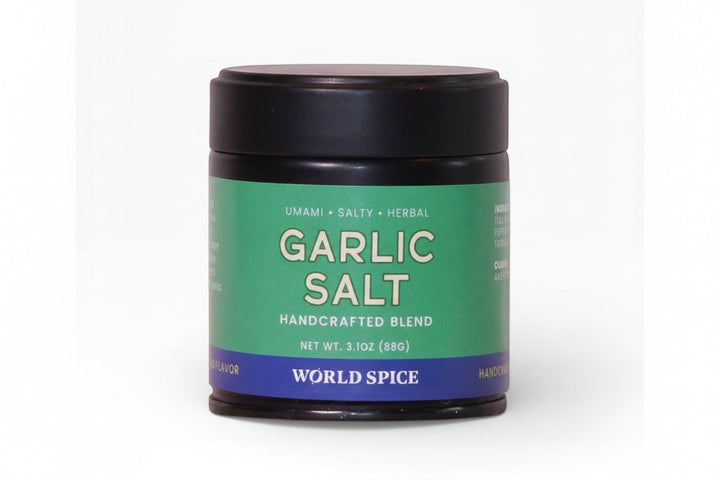 Garlic salt seasoning jar with black lid and green label