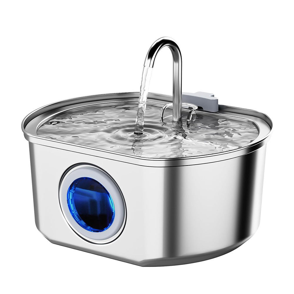 White-tinted stainless pet water dispenser with curved faucet and blue-lit indicator