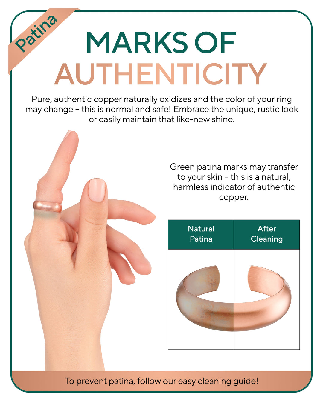 Copper domed ring on finger with natural patina shown in inset photo