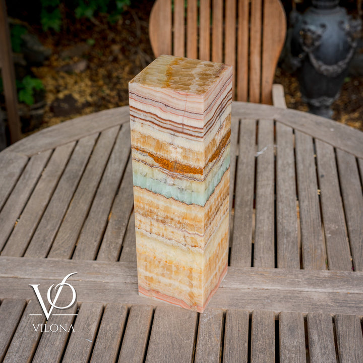 Square onyx-style lamp shade with vertical stripe bands in cream, tan, and blue-green teal
