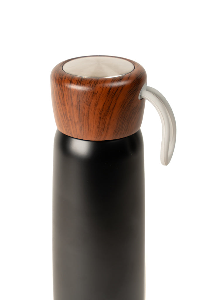 Black insulated tumbler with wooden lid and side handle loop
