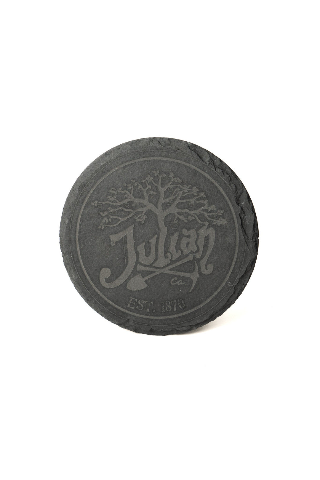 Engraved round slate coaster with tree crest design and 'EST. 1870'