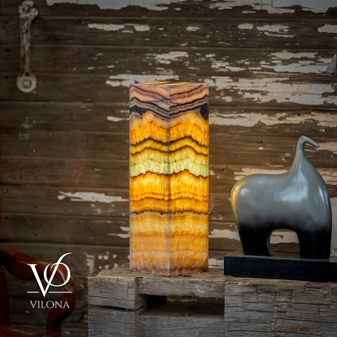 Square onyx table lamp, tall striped stone in amber, cream, black, and light aqua tones