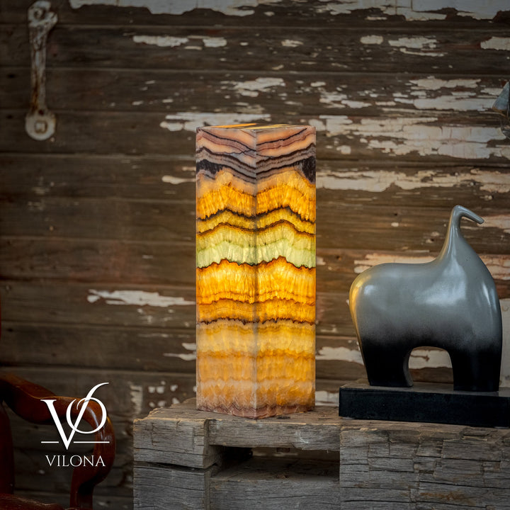 Square onyx table lamp, tall striped stone in amber, cream, black, and light aqua tones