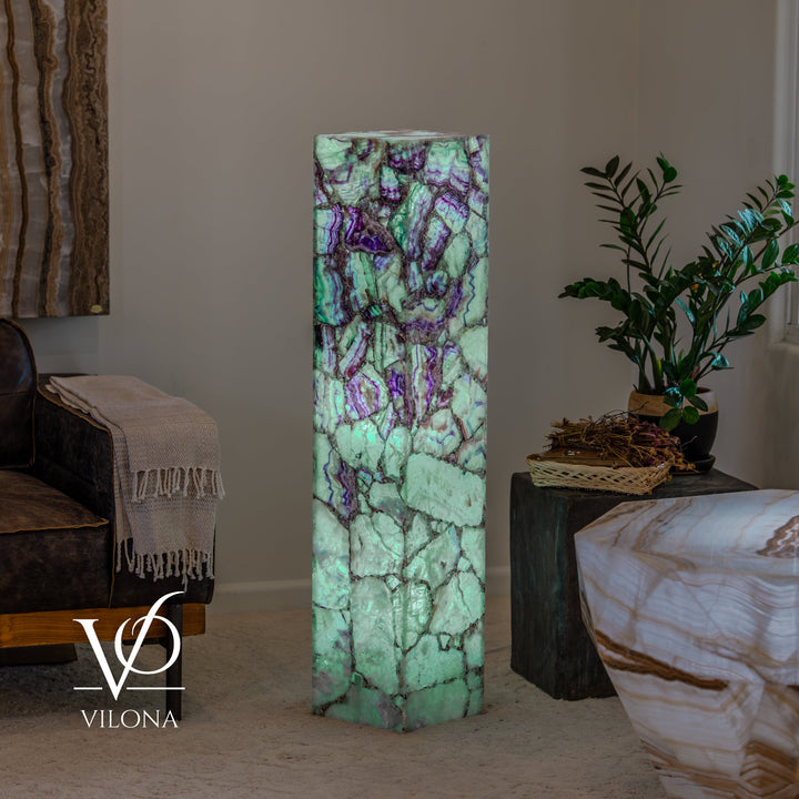 Fluorite floor lamp with square glowing mineral-pattern column, teal and purple hues