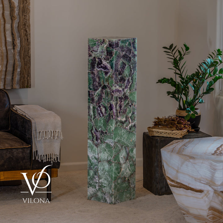 Fluorite floor lamp column with deep green and violet marbled mineral pattern