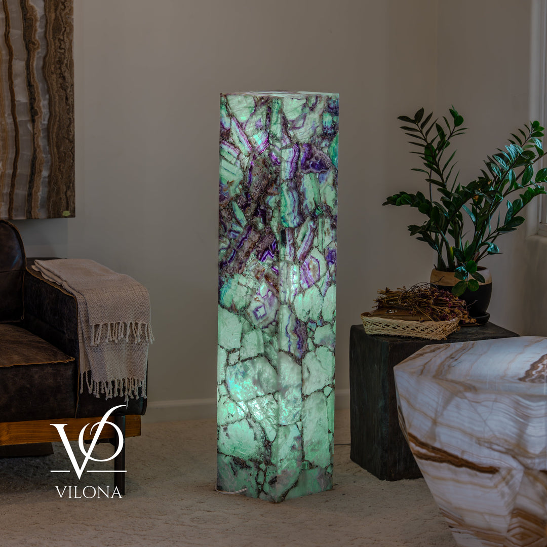 Fluorite floor lamp with teal-green mineral column and violet veins, square top