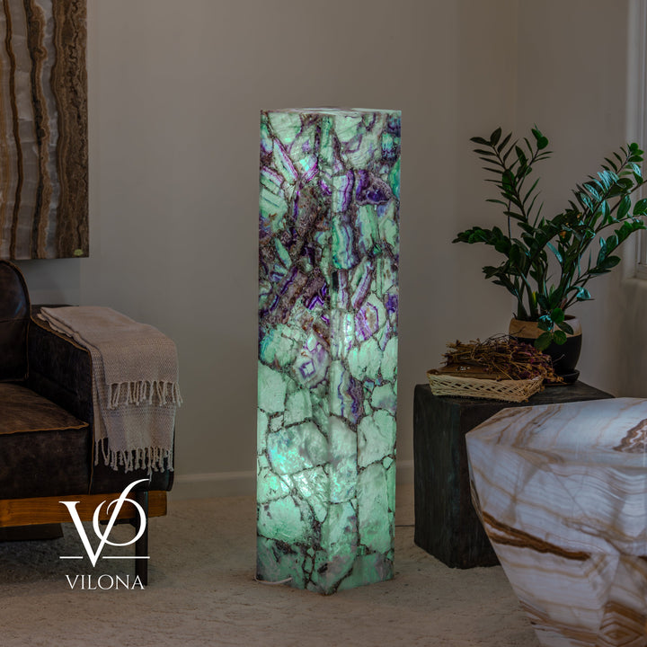 Fluorite floor lamp with teal-green mineral column and violet veins, square top