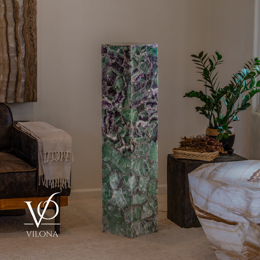 Fluorite floor lamp column with dark green mineral pattern and violet highlights