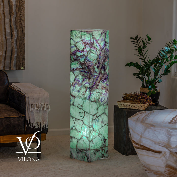 Fluorite floor lamp column with teal-green glow and purple streaks, square shade