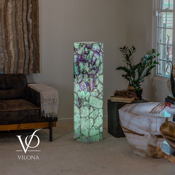 Tall fluorite-pattern square floor lamp with teal glow and purple veined finish