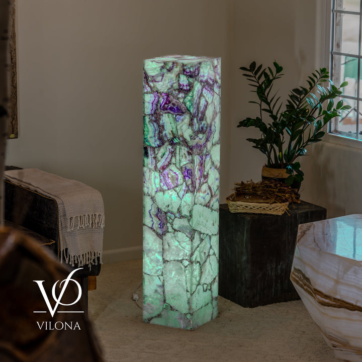 Fluorite floor lamp, tall square stone column with teal and purple veining