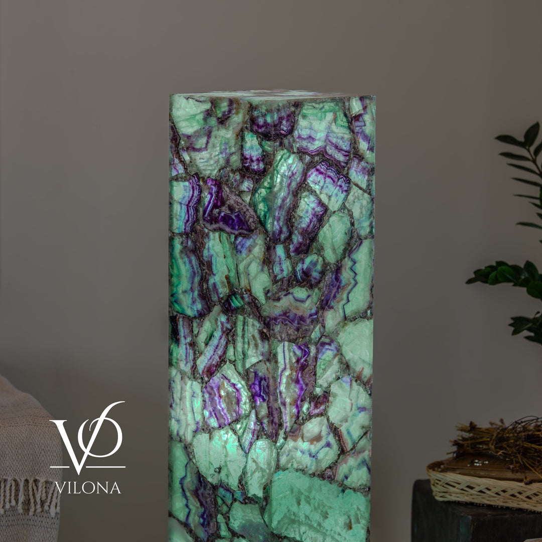 Fluorite floor lamp column, teal and purple mineral texture with bright glow
