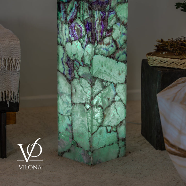 Fluorite-pattern square floor lamp with teal and purple stone finish