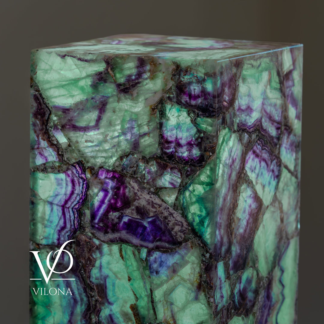 Fluorite floor lamp close-up of square mineral pattern in teal and purple glow