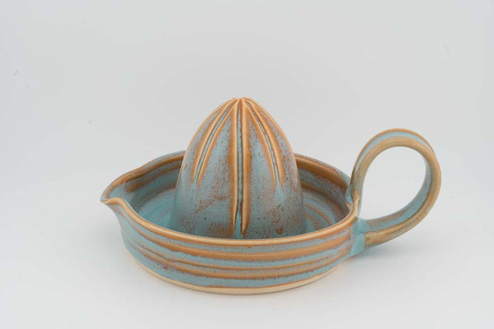 Ceramic citrus juicer in light blue glaze with an upright orange-brown cone and handle.