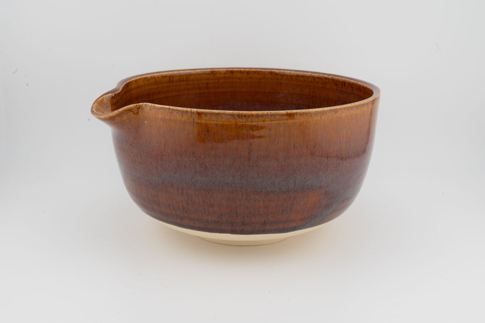 Ceramic bowl with optional spout, warm brown glaze, small side spout