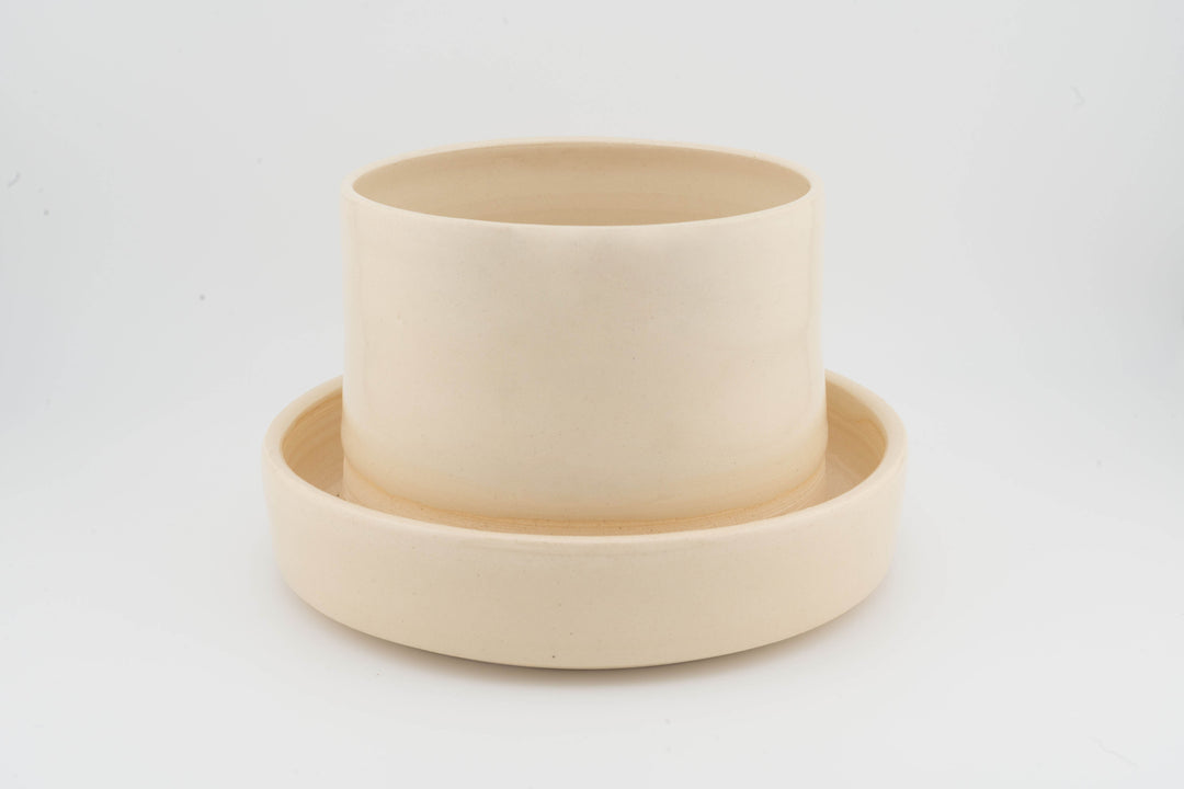 Tabletop planter set with drainage, smooth cream glazed pot with matching base tray.