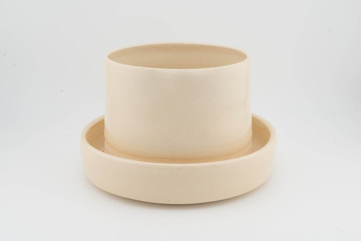 Tabletop planter set with drainage, smooth cream glazed pot with matching base tray.