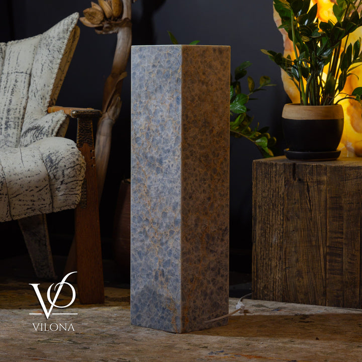 Square floor lamp, small, with blue onyx-textured column and steady warm glow.