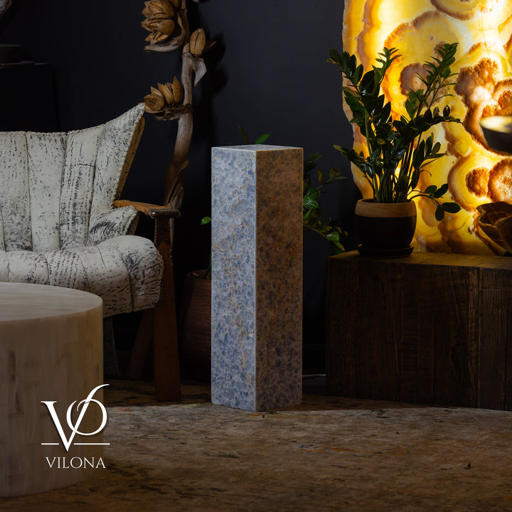 Square small floor lamp featuring a blue marbled stone column with lit glow.