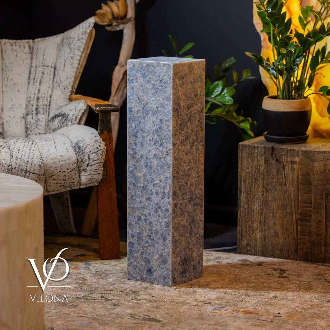 Blue square column floor lamp, front view with translucent texture glow.