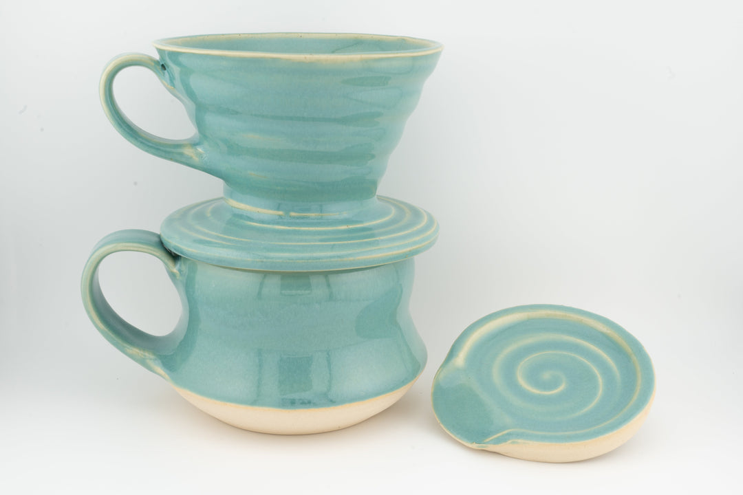 Ceramic coffee mug set with coaster, two tall curvy mugs in turquoise glaze