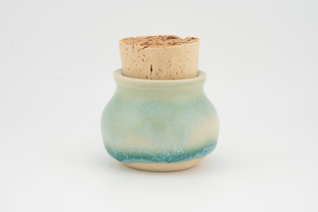 Mini corked jar with seafoam green glaze and cork stopper