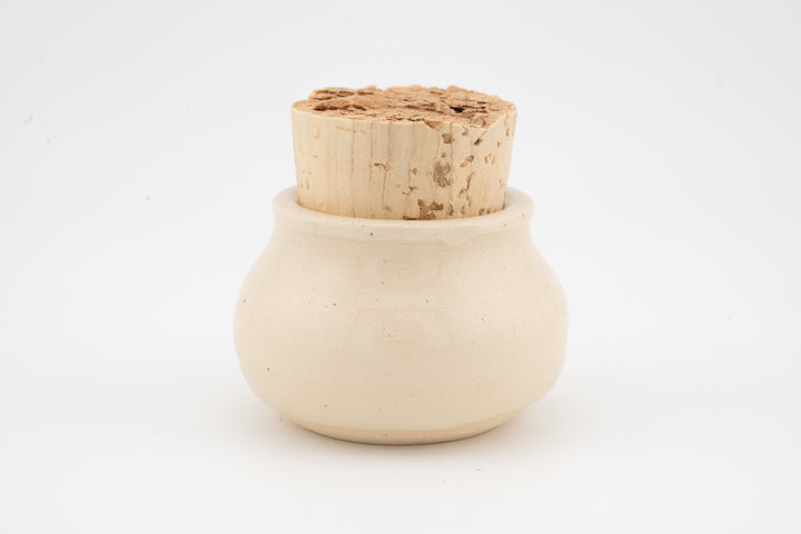 Mini corked jar with off-white glazed body and cork stopper