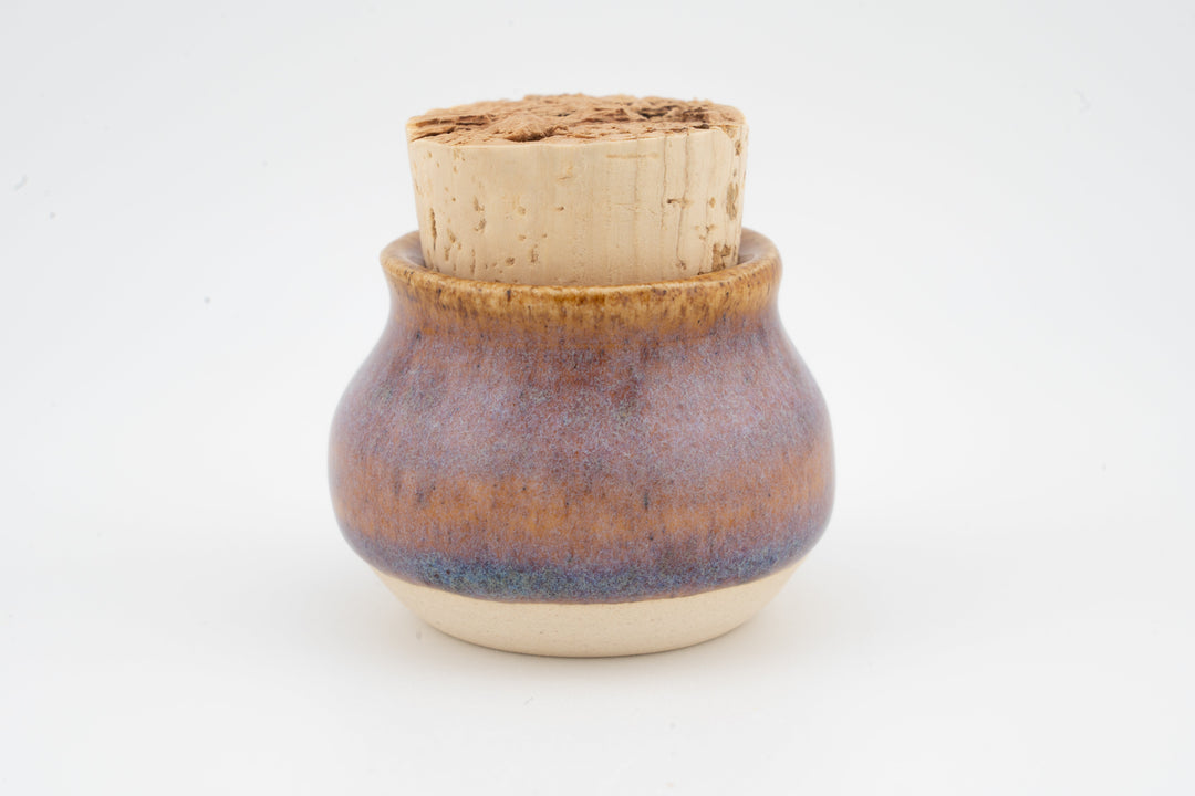Mini corked jar with purple-brown glazed body and cork stopper