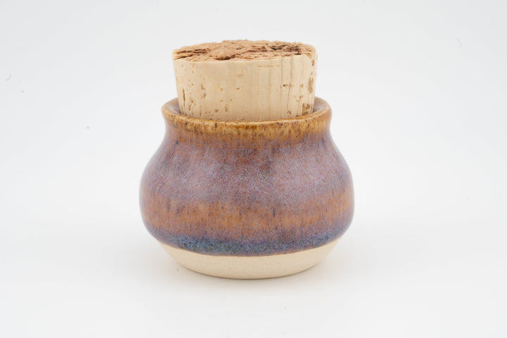 Mini corked jar with purple-brown glazed body and cork stopper