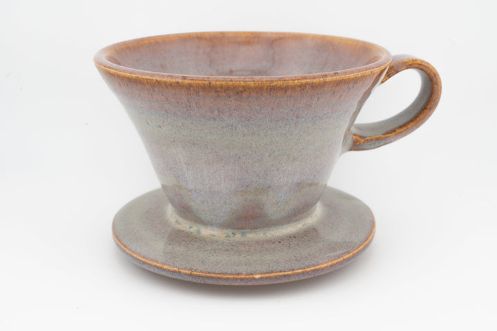 Ceramic coffee pour-over dripper with base, gray-brown speckled glaze and side handle