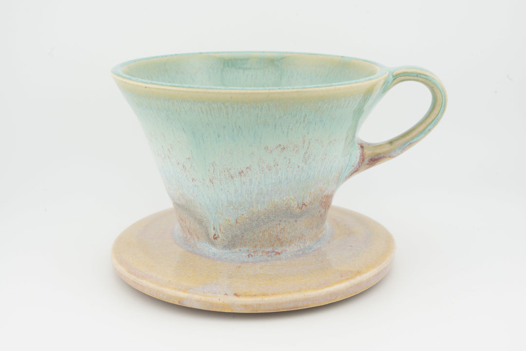 Ceramic coffee pour-over dripper with base, light teal glaze with circular drip channel