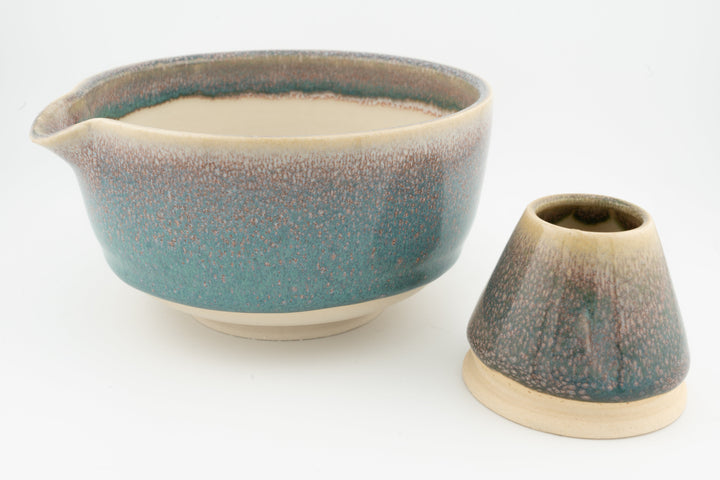 Ceramic matcha bowl with matching whisk holder, blue-green speckled glaze set