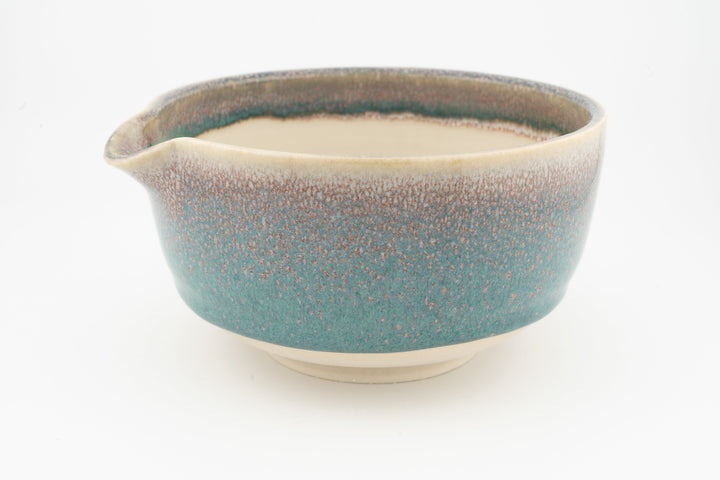 Ceramic bowl with optional spout, mottled blue-green glaze and beige base