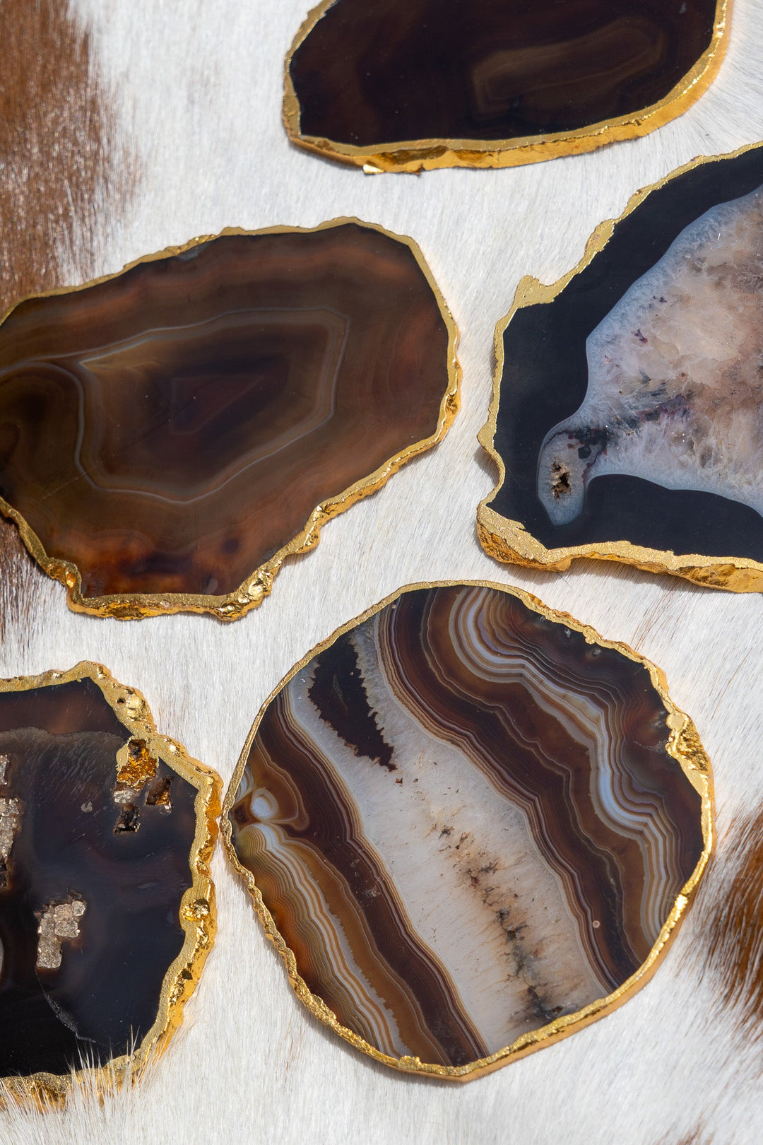 Gold-rimmed agate coasters with layered banded agate patterns and gold borders