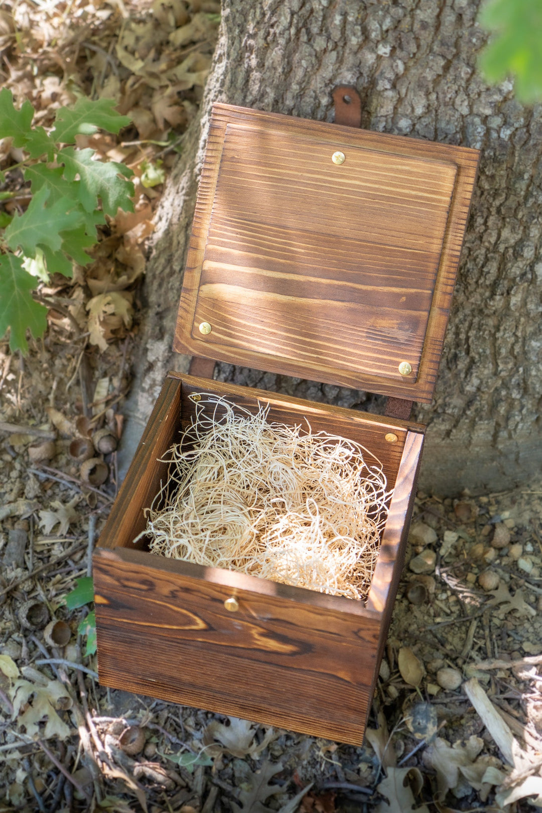 Wooden storage box with metal corner accents and open lid with filler