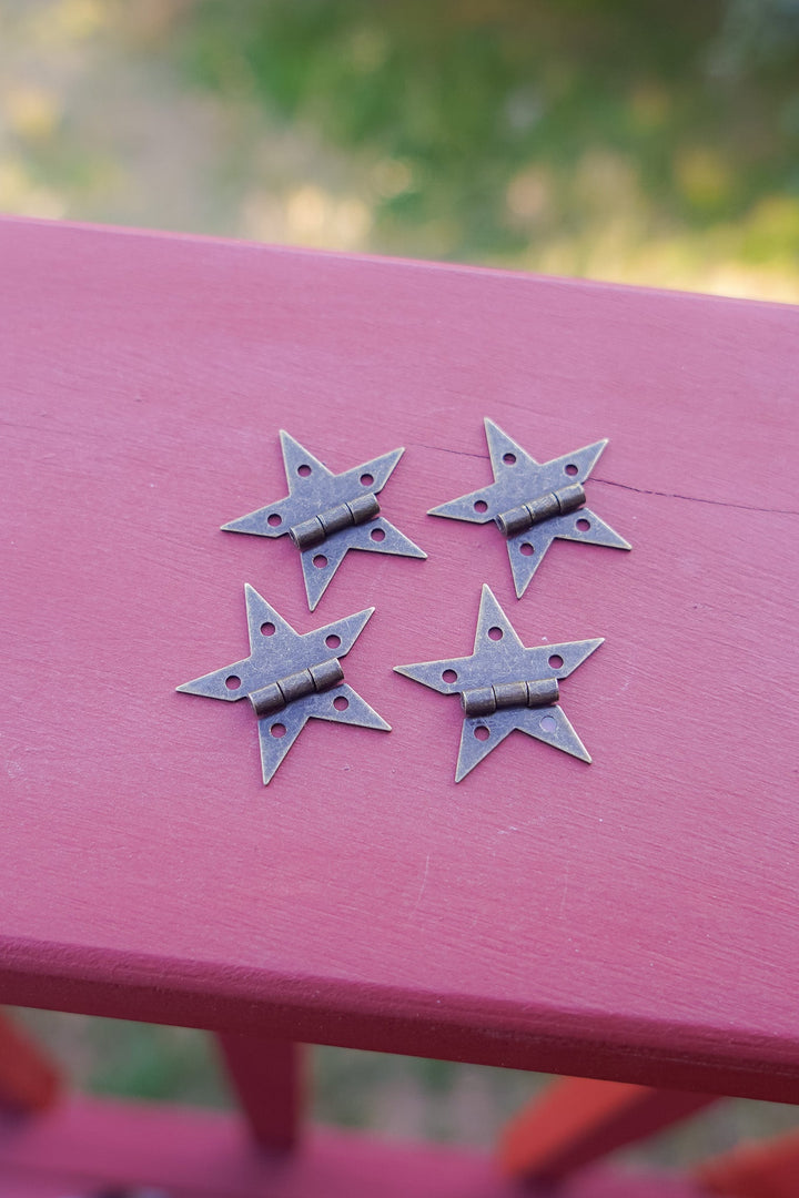 Five small bronze star hinges with side-mounted hardware on painted wood