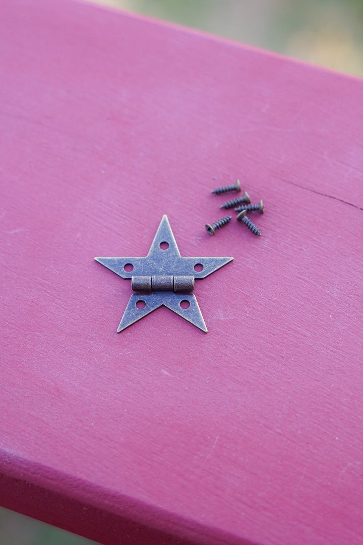 Small bronze star hinge with two screws on a painted wooden surface