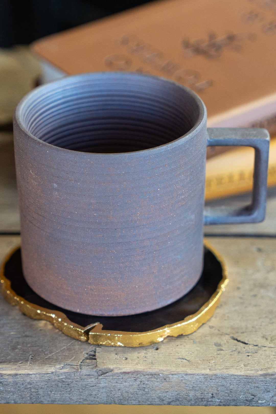 Handmade stoneware espresso mug, light purple-gray glaze, cylindrical with side handle