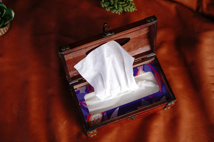 Cherry wooden tissue box with open lid and white tissues, bronze latch hardware