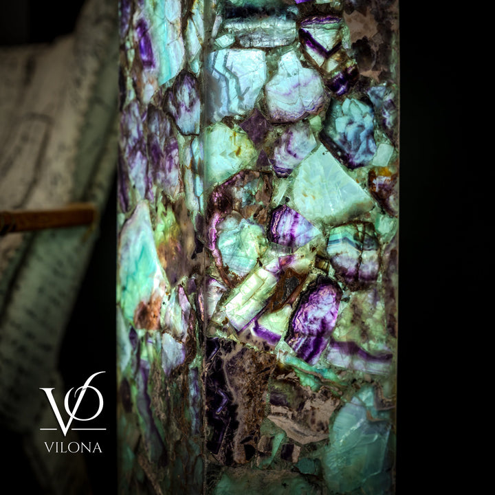 Fluorite crystal table lamp close-up of teal and purple crystal pattern on front panel