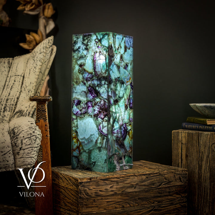 Fluorite crystal table lamp, tall square teal-violet crystal block on wooden base