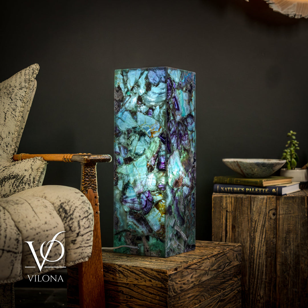 Fluorite crystal table lamp, tall square block with turquoise, purple, and green mineral tones