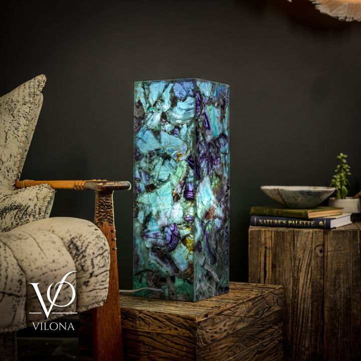 Fluorite crystal table lamp, tall square block with turquoise, purple, and green mineral tones