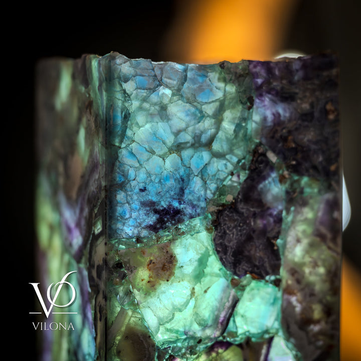 Fluorite table lamp, close-up of translucent fluorite with aqua-blue color and purple bands
