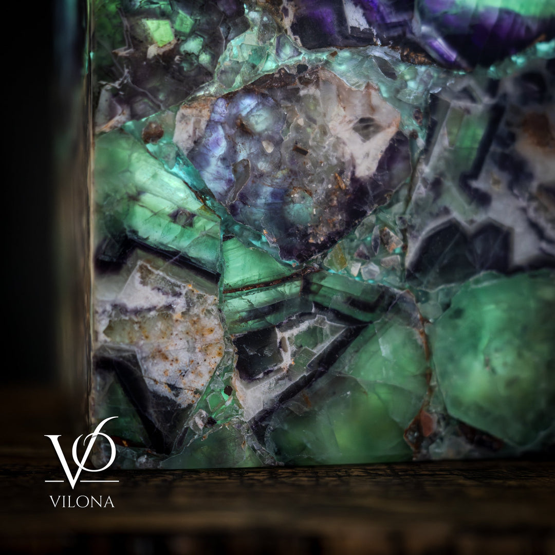 Fluorite table lamp, extreme close-up of square fluorite facets in green and purple
