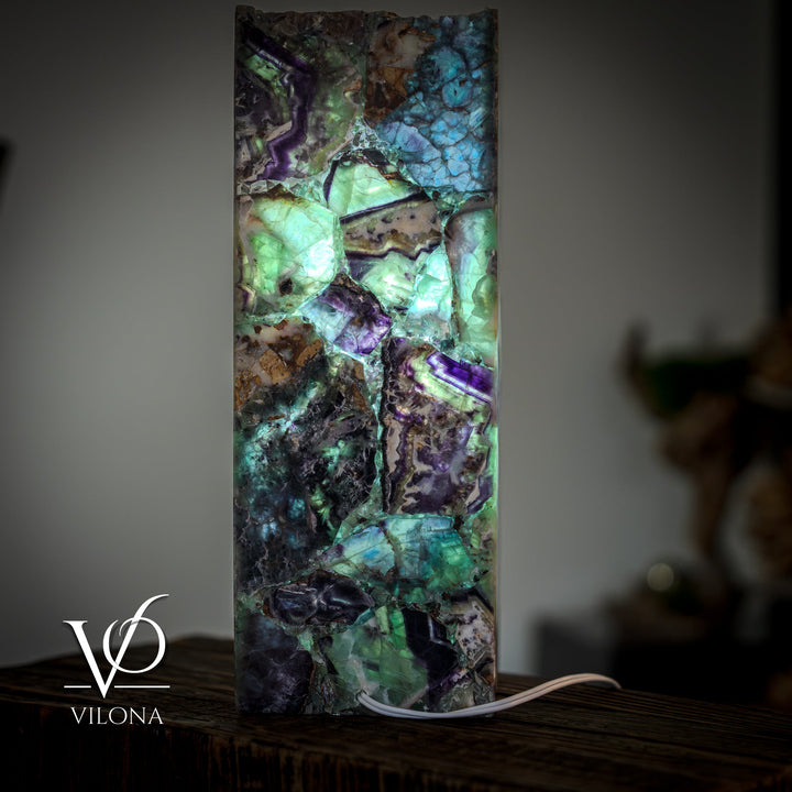 Fluorite table lamp, tall square fluorite block with teal, green, and violet glow