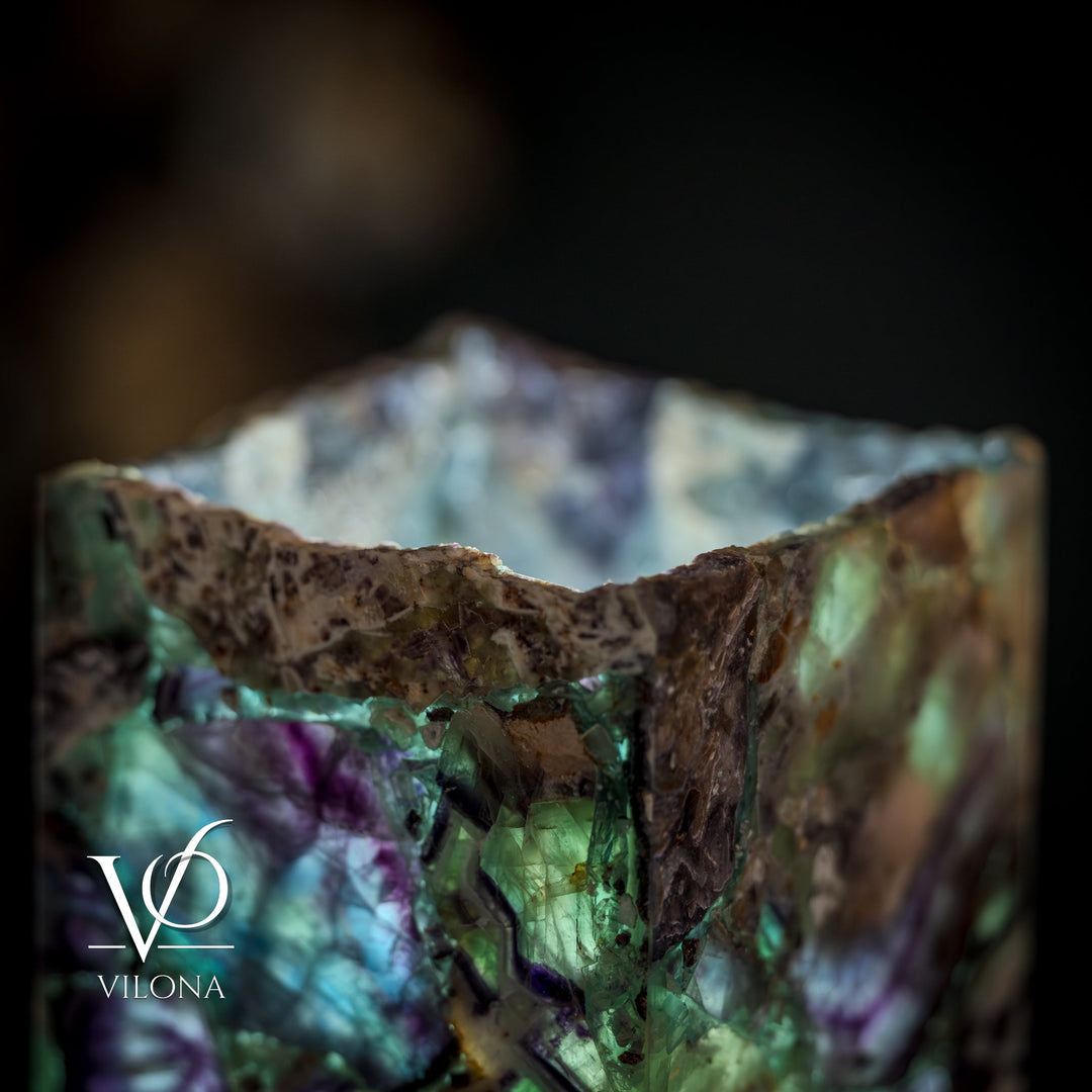Fluorite table lamp, top section of live-edge fluorite block with green and purple tones